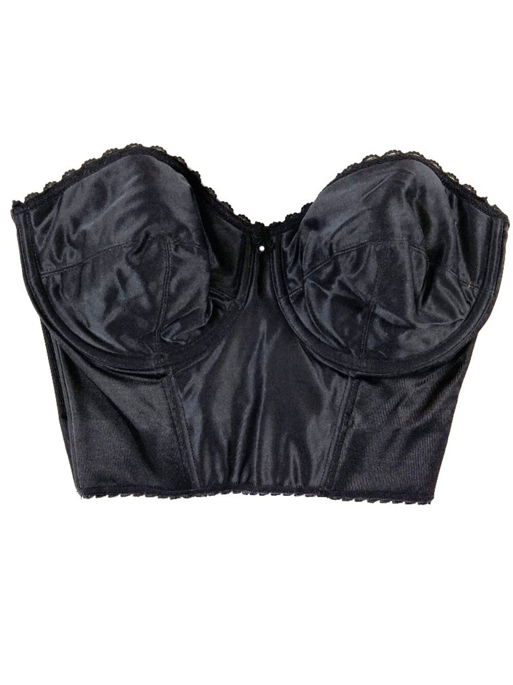 Vintage Vogue 34D Black Satin Strapless Goth Corset Bustier Bra Underwire Boned